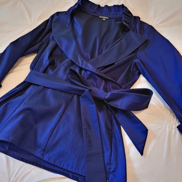 Le Chateau Y2k royal blue irridescent chrome ruffle wrap dress shirt. Size L - Picture 5 of 13